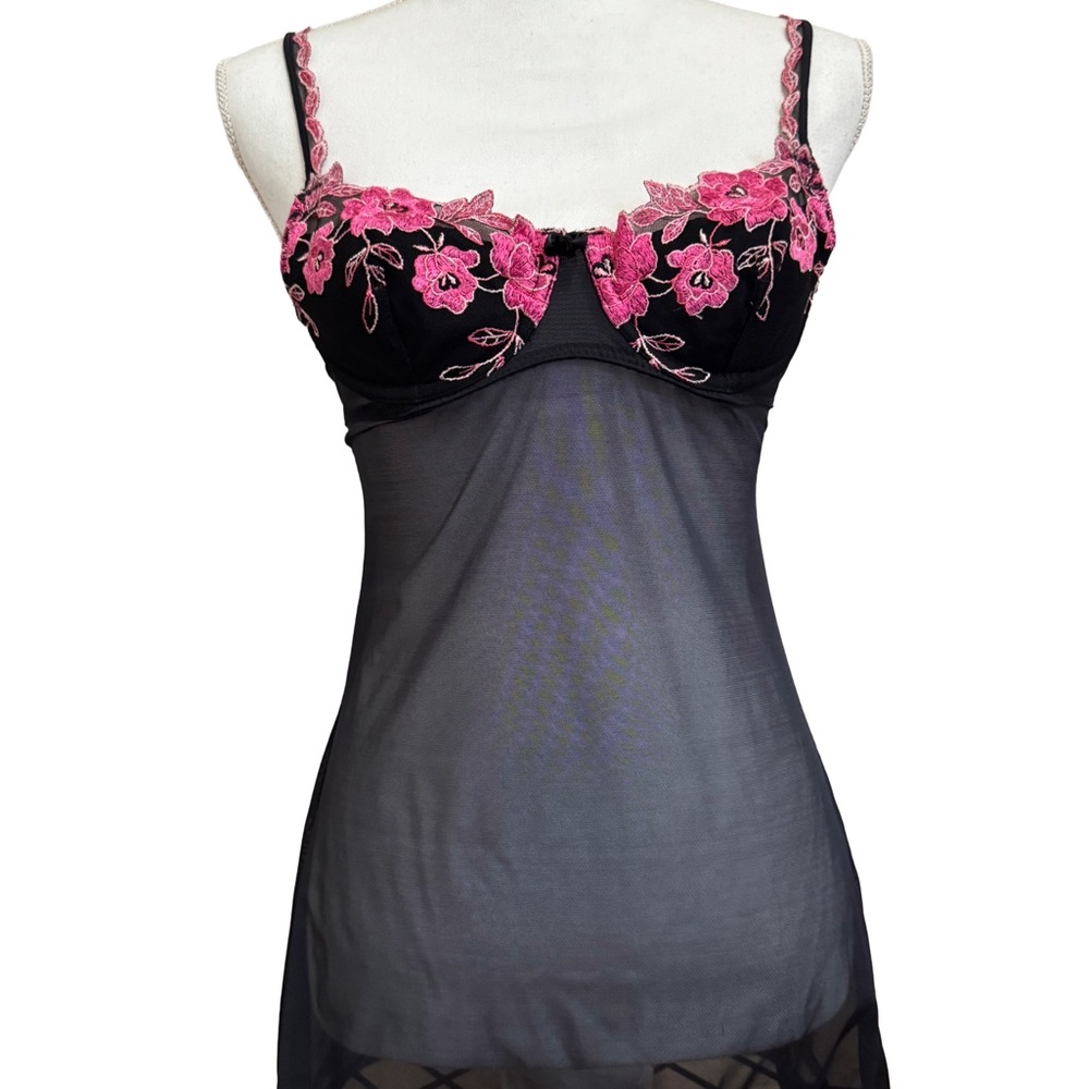 Victoria's Secret Black and Pink Embroidered Floral Chemise Lingerie